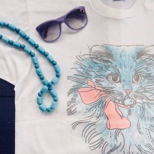 1990 Teal & Pink Kitten White T-Shirt - Size XL